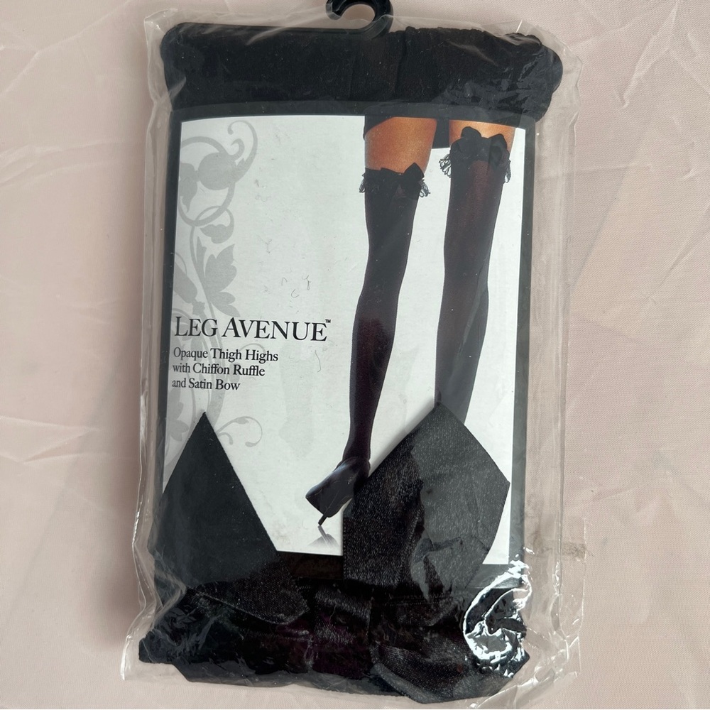 Leg Avenue Opaque thigh highs with chiffon ruffle and satin bow NEW black OS